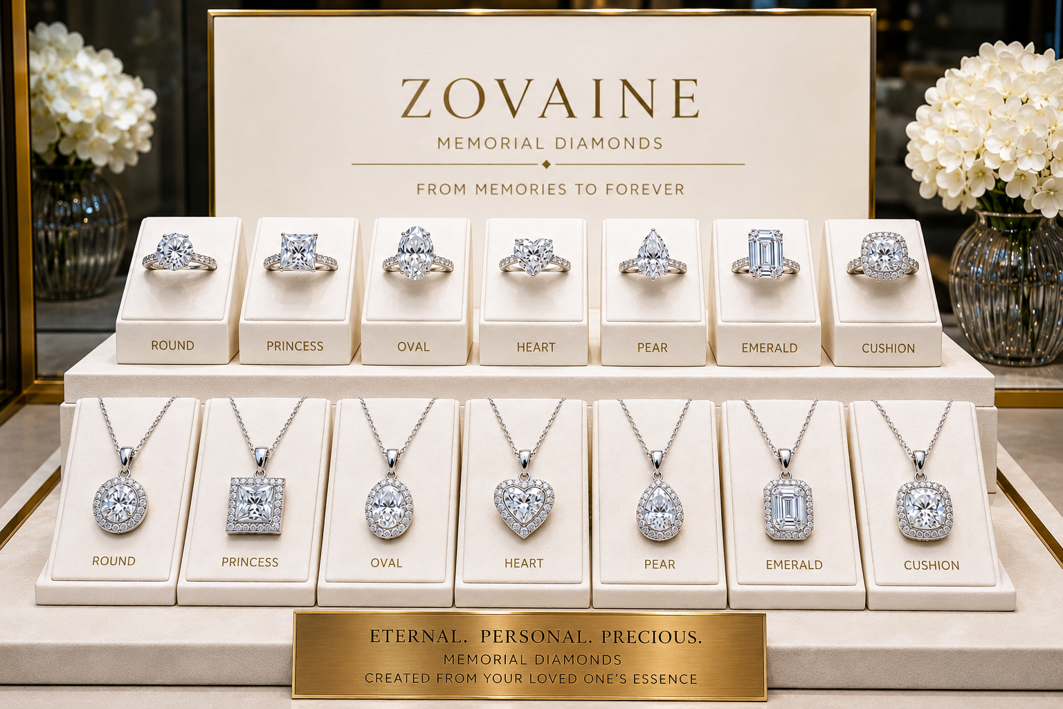 ZOVAINE ring and pendant collection across seven diamond shapes
