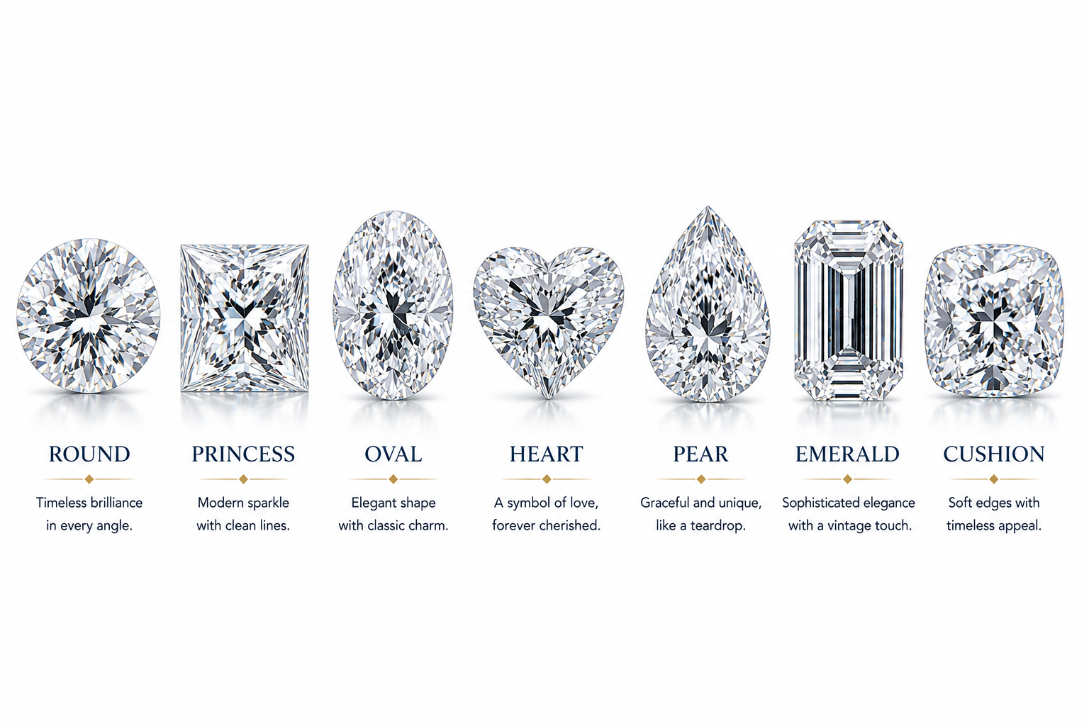 ZOVAINE diamond shapes: round, princess, oval, heart, pear, emerald and cushion